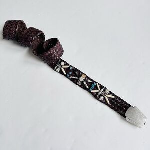 Vintage Braided Leather Belt Womens M/L Brown Shells Turquoise Indie Boho Hippie